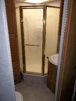 bathroom and shower inside of the Fleetwood Tioga